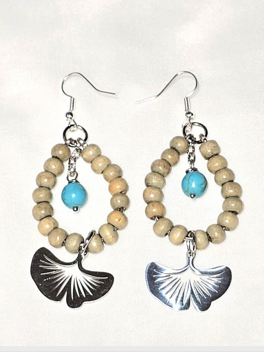 Beaded Teardrop Loop Earrings with Turquoise Accent and Silver Ginkgo Charm